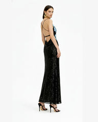 Araminta Sequined Gown with Floral Details - Black/Blue