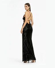 Araminta Sequined Gown with Floral Details - Black/Pink