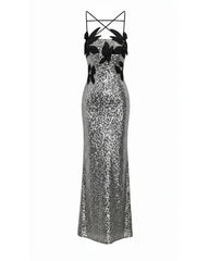 Araminta Sequined Gown with Floral Details - Silver/Black