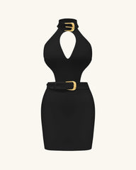 Gabriella Belted Cutout Halter Mini Dress - Black