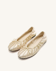 Elara Ruched Drawstring Satin Ballet Flats - Beige