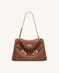 Rhea Pebbled Double Buckle Shoulder Bag - Earth Brown