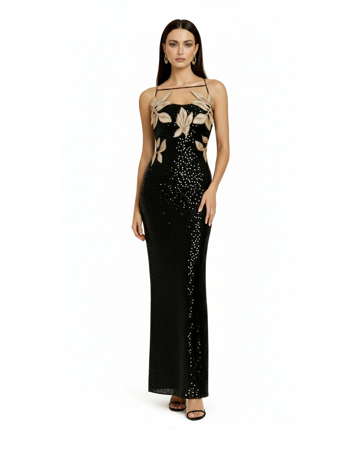 Araminta Sequined Gown with Floral Details - Black/Gold