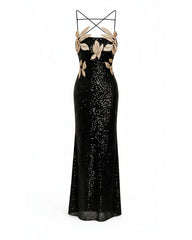 Araminta Sequined Gown with Floral Details - Black/Gold