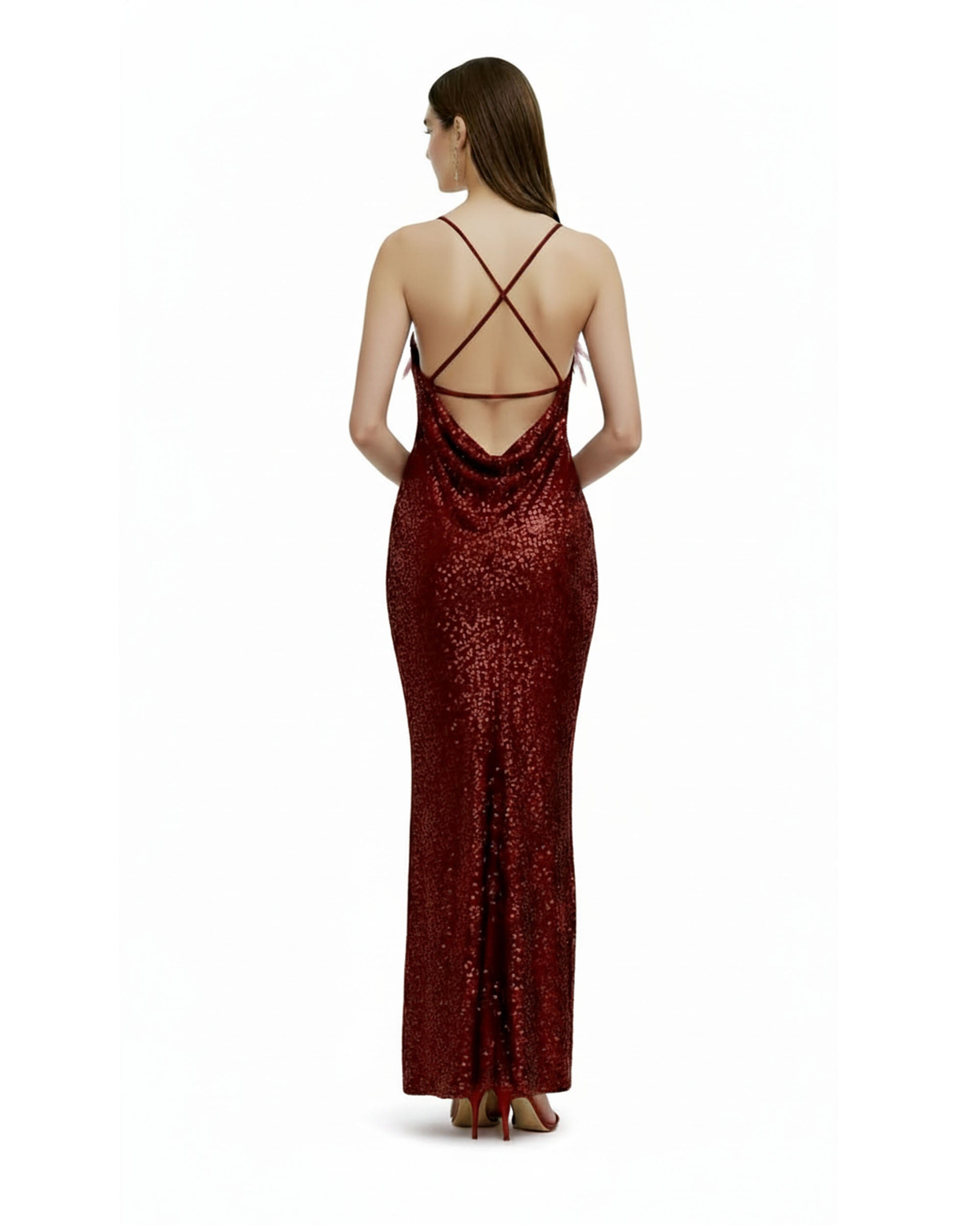 Araminta Sequined Gown with Floral Details - Red/Pink