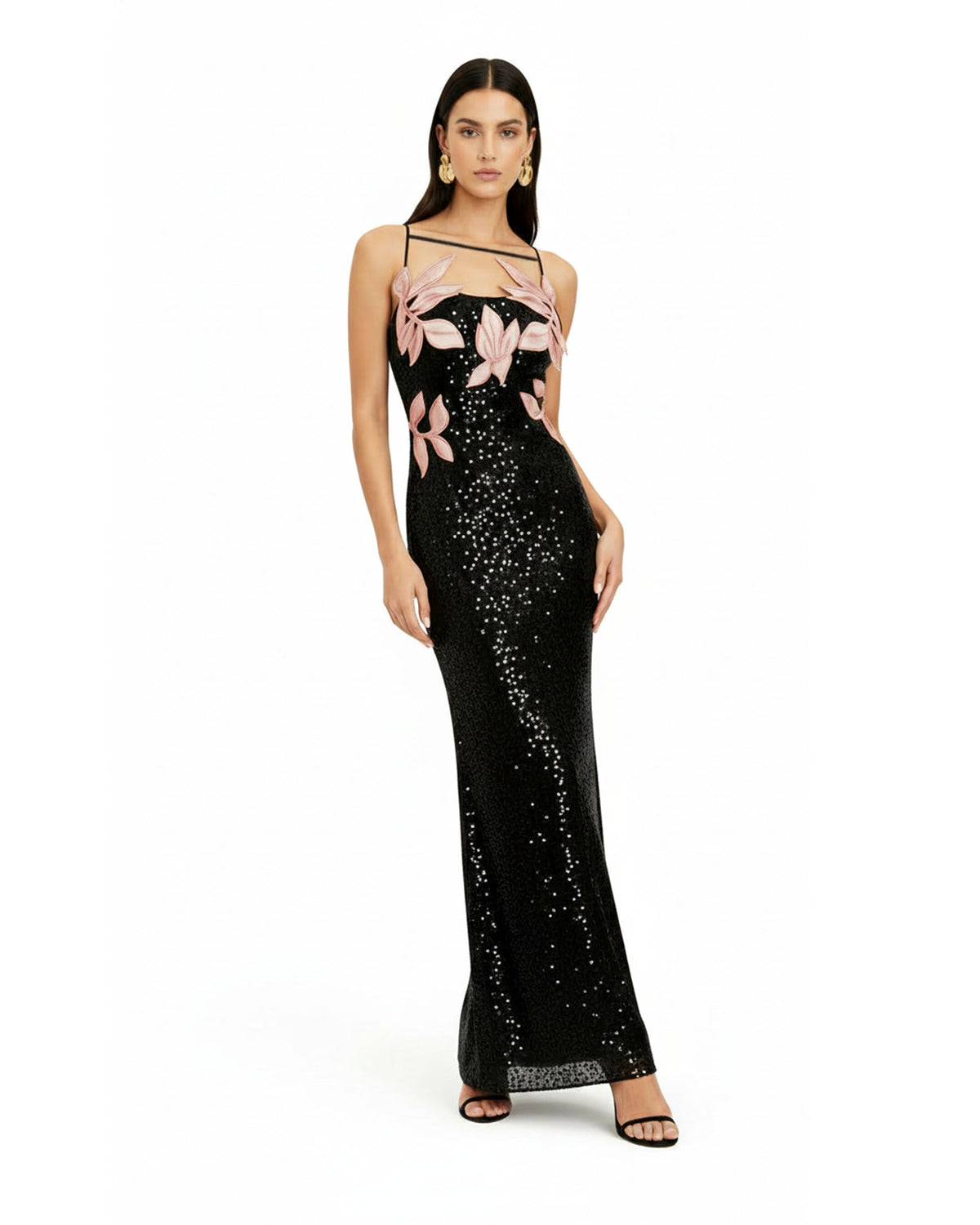 Araminta Sequined Gown with Floral Details - Black/Pink