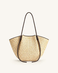 Nala Faux Straw Wide Tote Bag - Brown