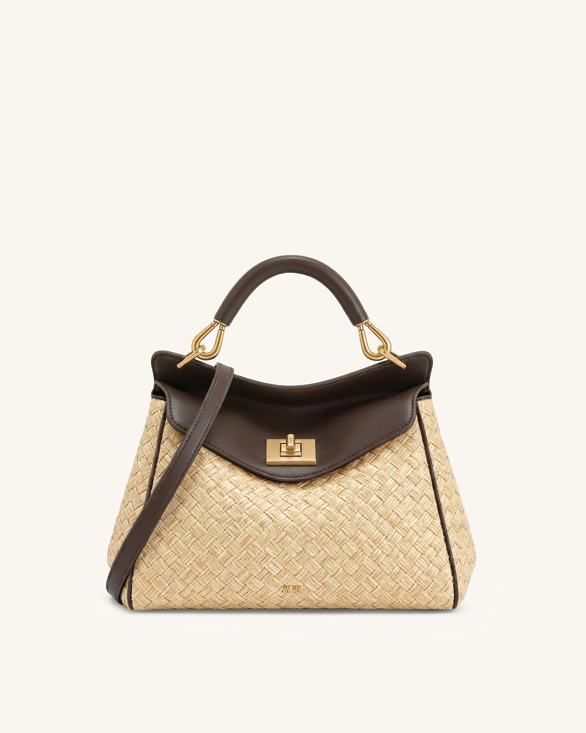 Lucia Classic Faux Straw Woven Top Handle Bag - Brown
