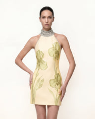 Jeweled Halter Iris Motif Dress - Yellow