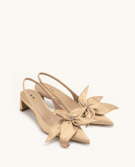 Queena Floral Appliques Slingback Pumps - Champagne