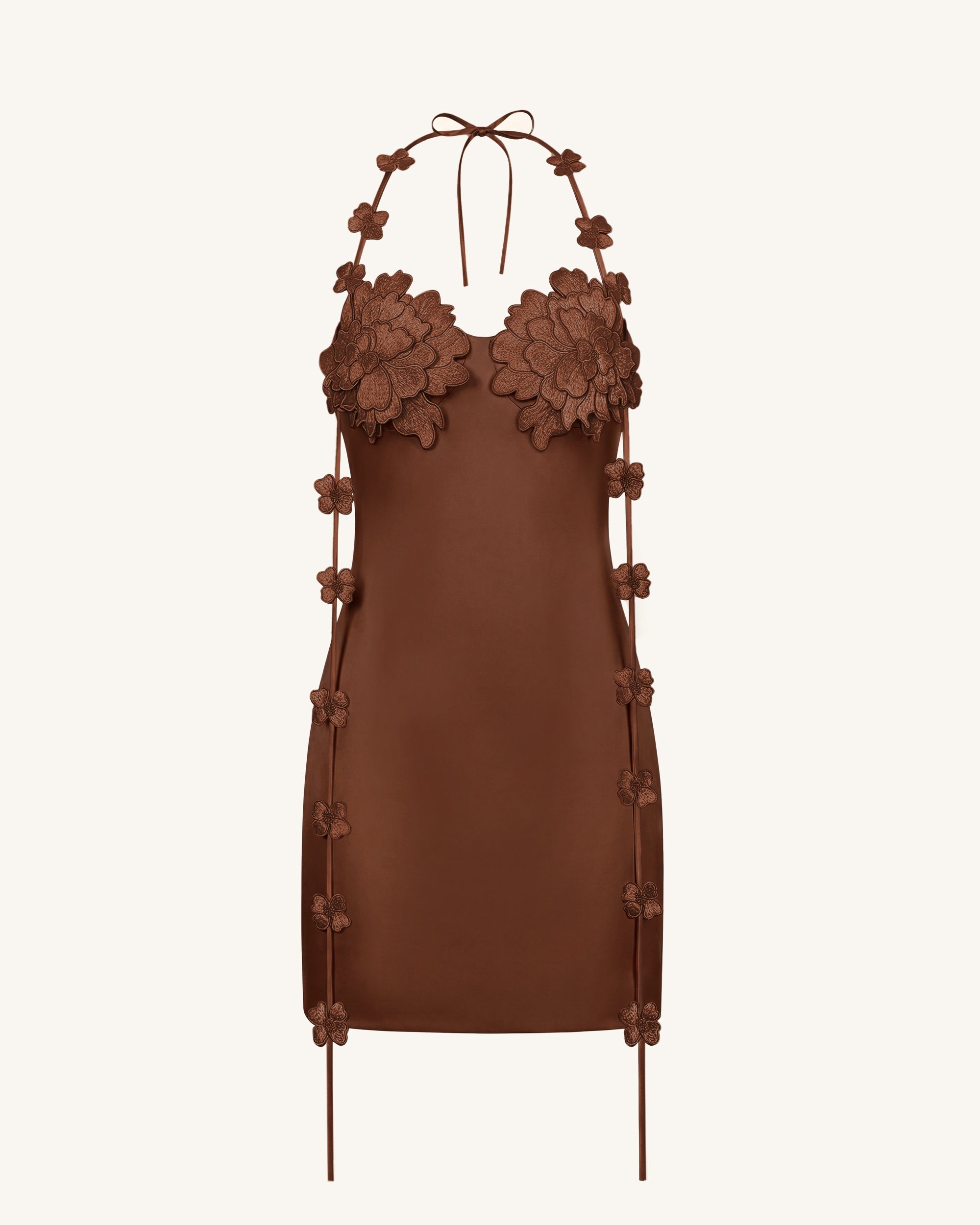 Floral Embellished Slip Mini Dress - Brown