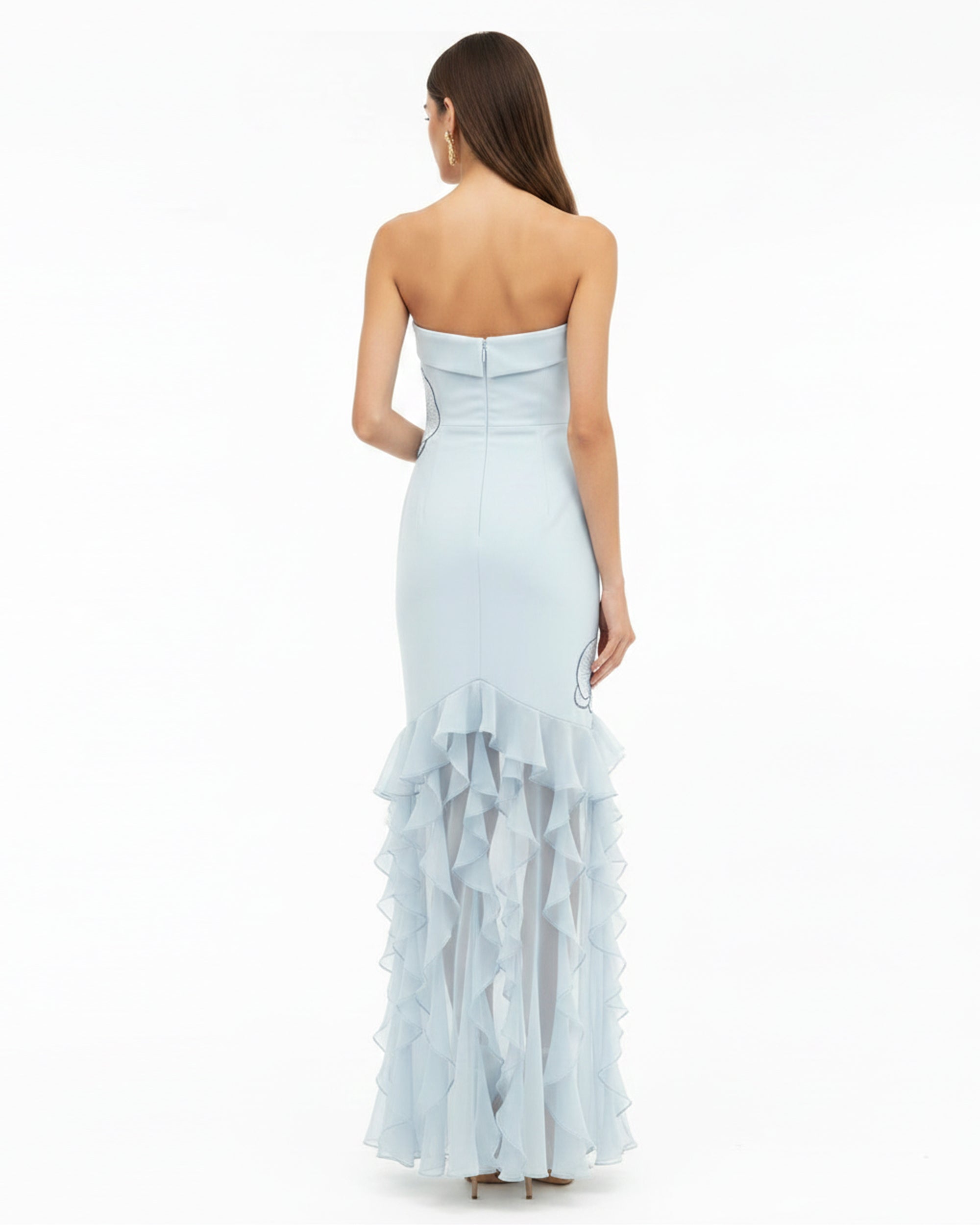 Orchid Embroidered Ruffled Strapless Maxi Dress - Light Blue