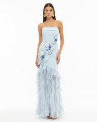 Orchid Embroidered Ruffled Strapless Maxi Dress - Light Blue