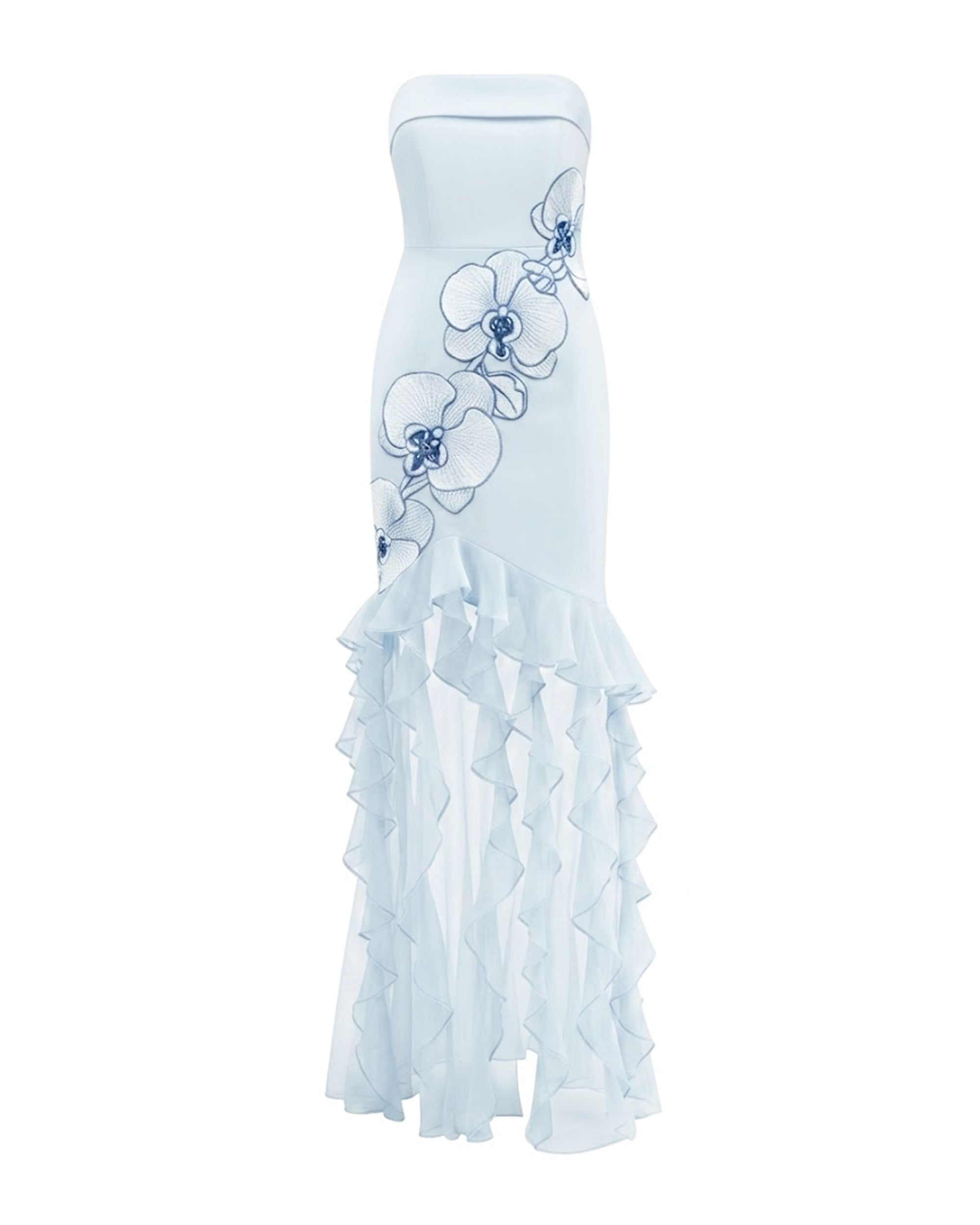 Orchid Embroidered Ruffled Strapless Maxi Dress - Light Blue