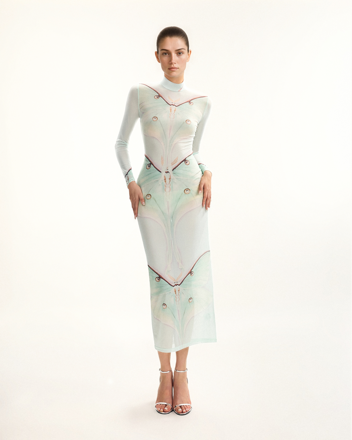 Moth Sheer Mesh Gown - Green/Beige
