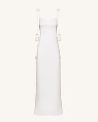 Satin Strappy Maxi Dress with Floral Streamers - White